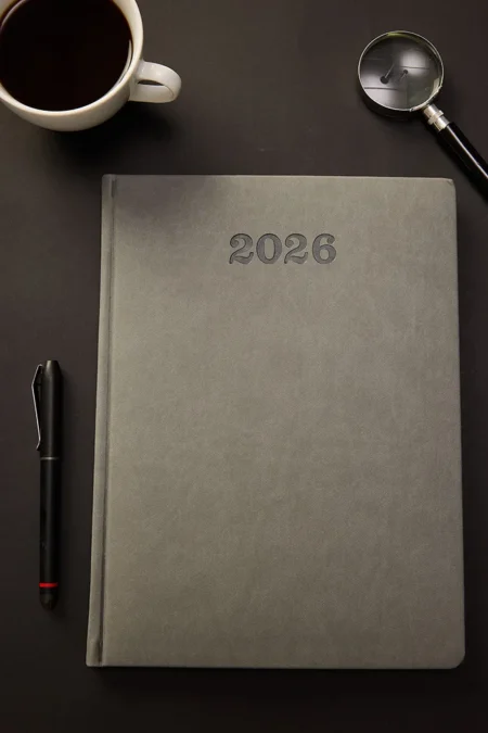 Kişiye Özel 2026 Gri Hediyelik Cilt Düz Sert Kapak Deri Haftalık Ajanda