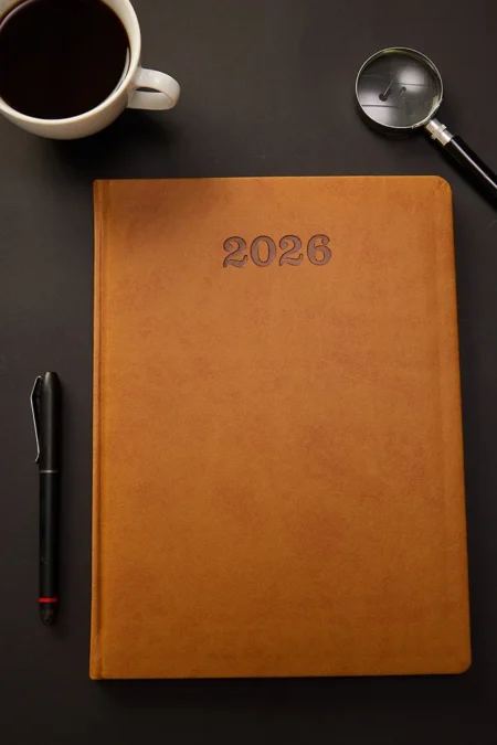 Kişiye Özel 2026 Kahverengi Hediyelik Cilt Düz Sert Kapak Deri Haftalık Ajanda