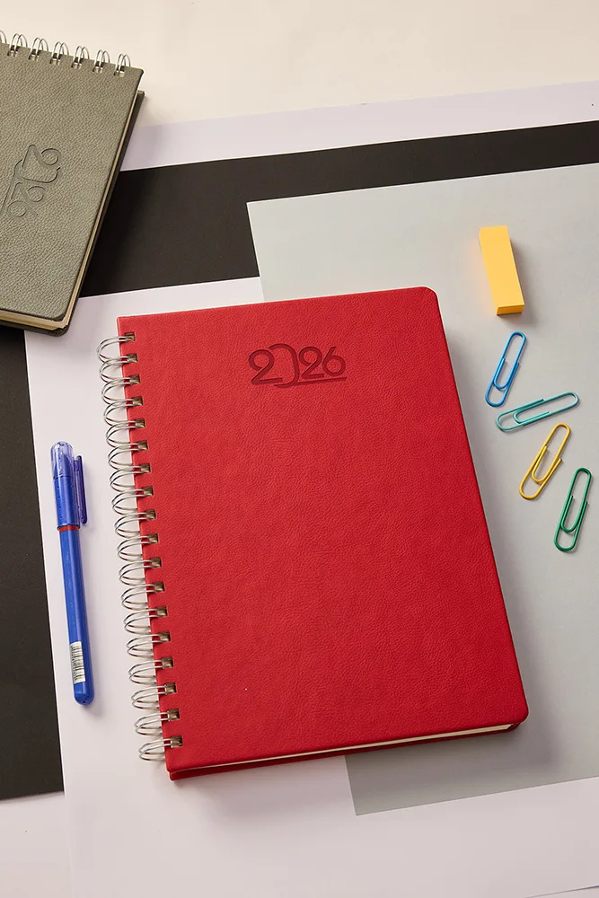 Kişiye Özel Kırmızı Hediyelik Spiralli 2026 Düz Sert Kapak Deri Ajanda
