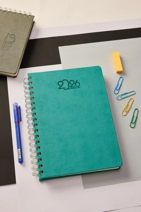 Kişiye Özel Turkuaz Hediyelik Spiralli 2026 Düz Sert Kapak Deri Ajanda