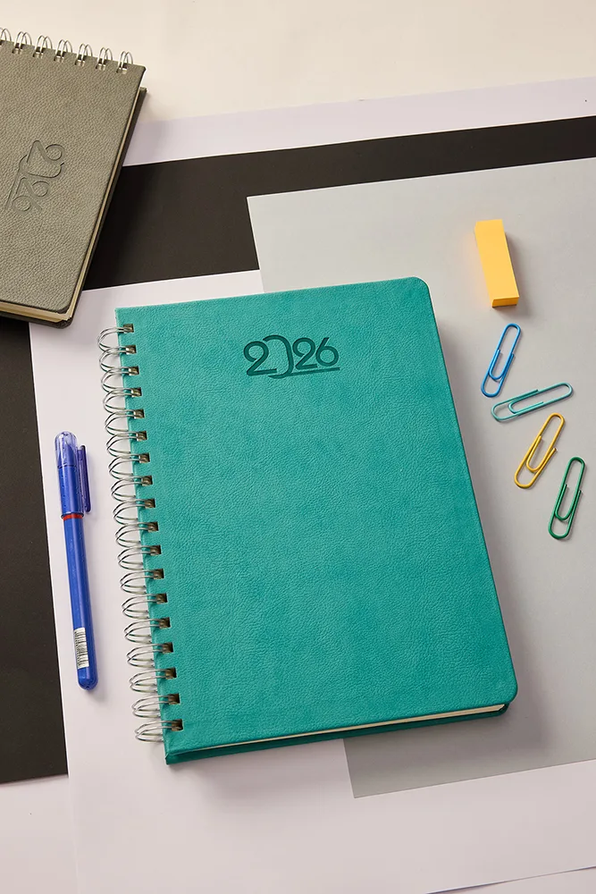 Kişiye Özel Turkuaz Hediyelik Spiralli 2026 Düz Sert Kapak Deri Ajanda