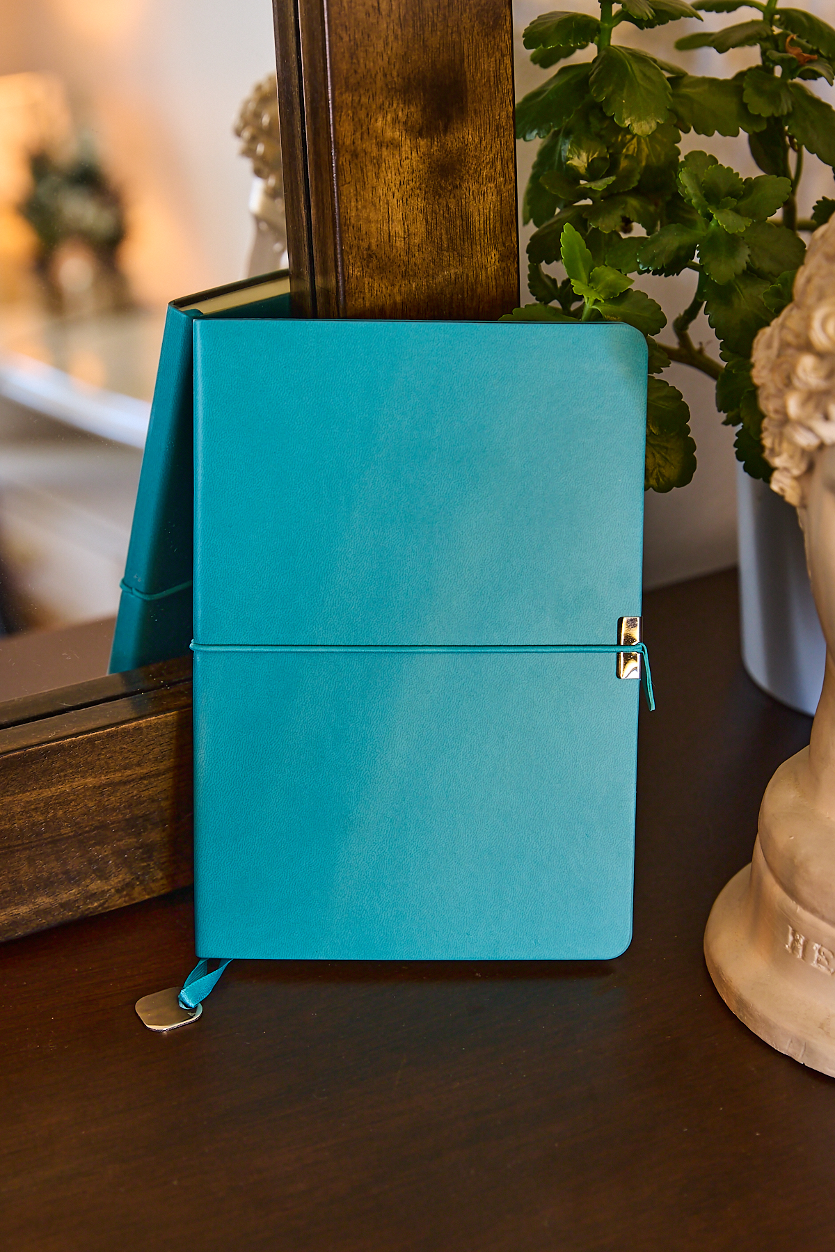 Kişiye Özel Turkuaz Lastikli Vegan Deri Düz 224 Sayfa Çizgili Not Defteri