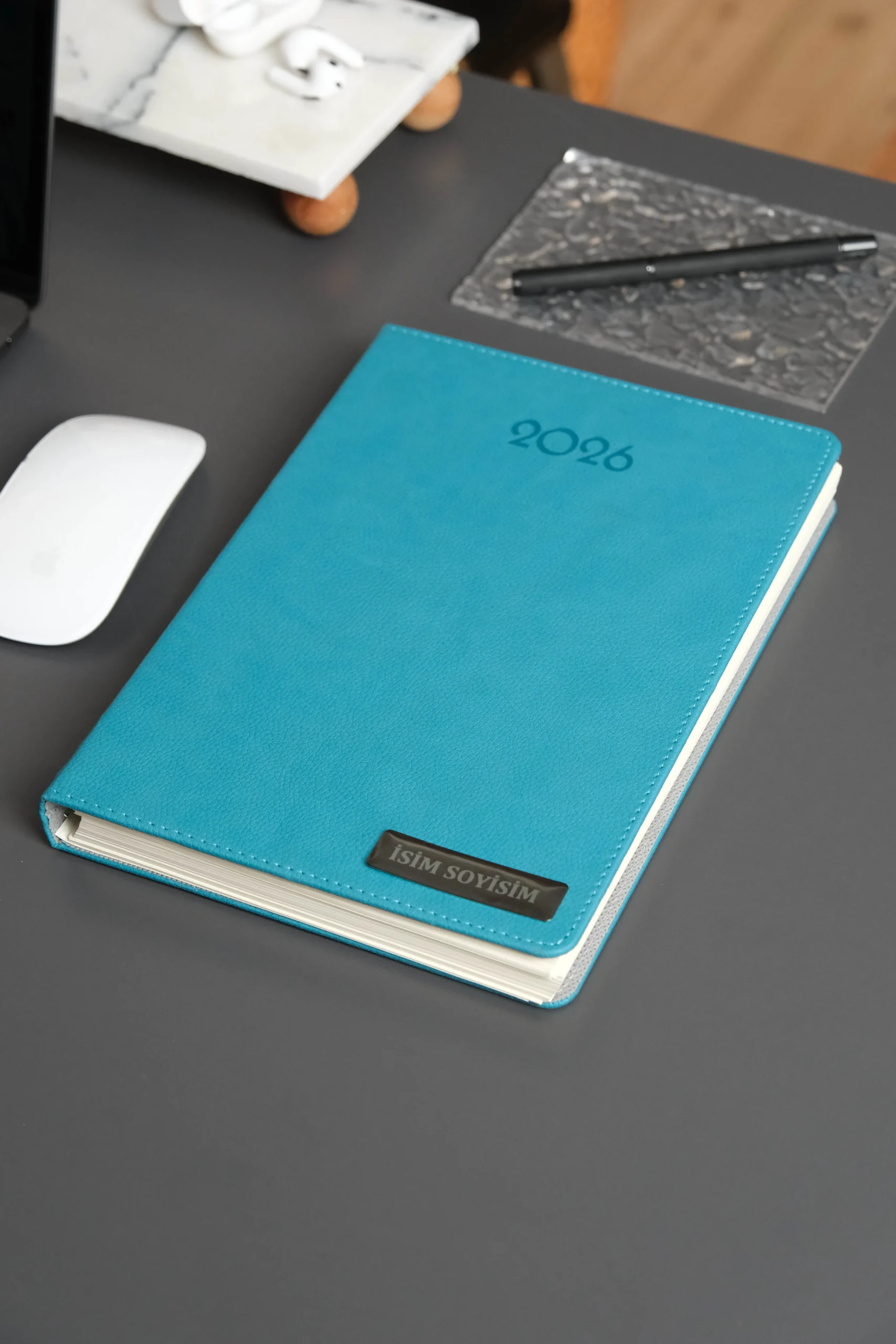 Kişiye Özel Turkuaz Düz Vegan Deri Spiralli 240 Sayfa Çizgili Not Defteri - Görsel 4