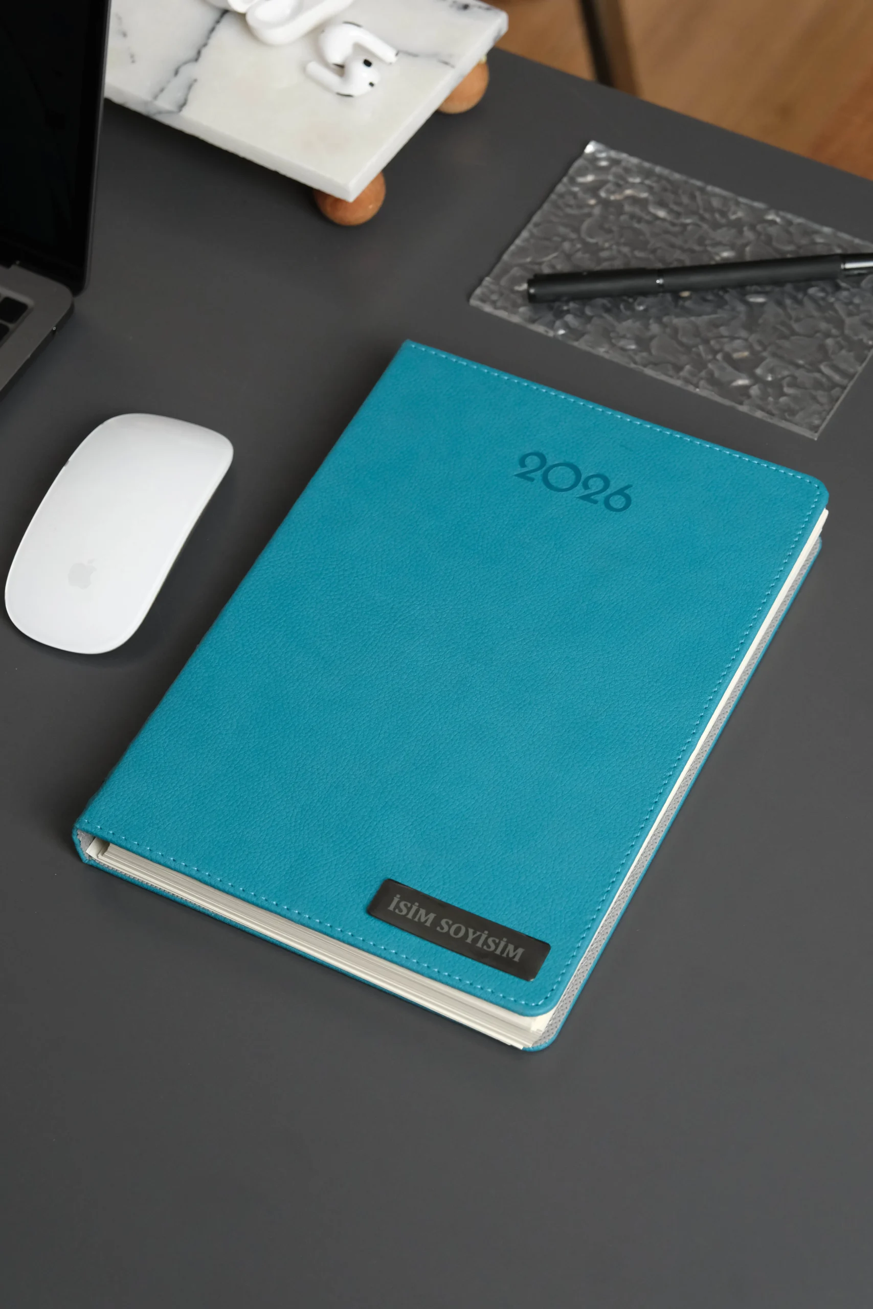 Kişiye Özel Turkuaz Düz Vegan Deri Spiralli 240 Sayfa Çizgili Not Defteri - Görsel 7