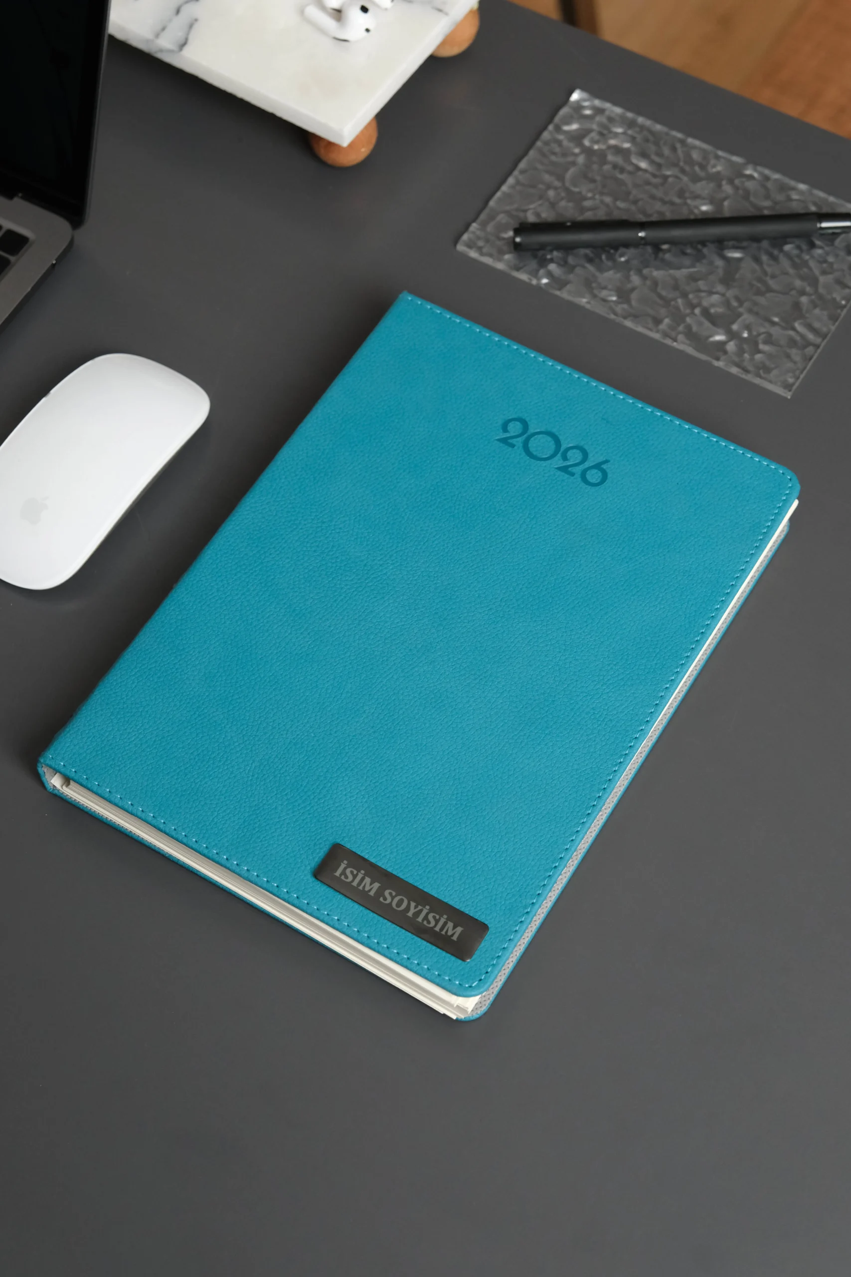 Kişiye Özel Turkuaz Düz Vegan Deri Spiralli 240 Sayfa Çizgili Not Defteri - Görsel 11