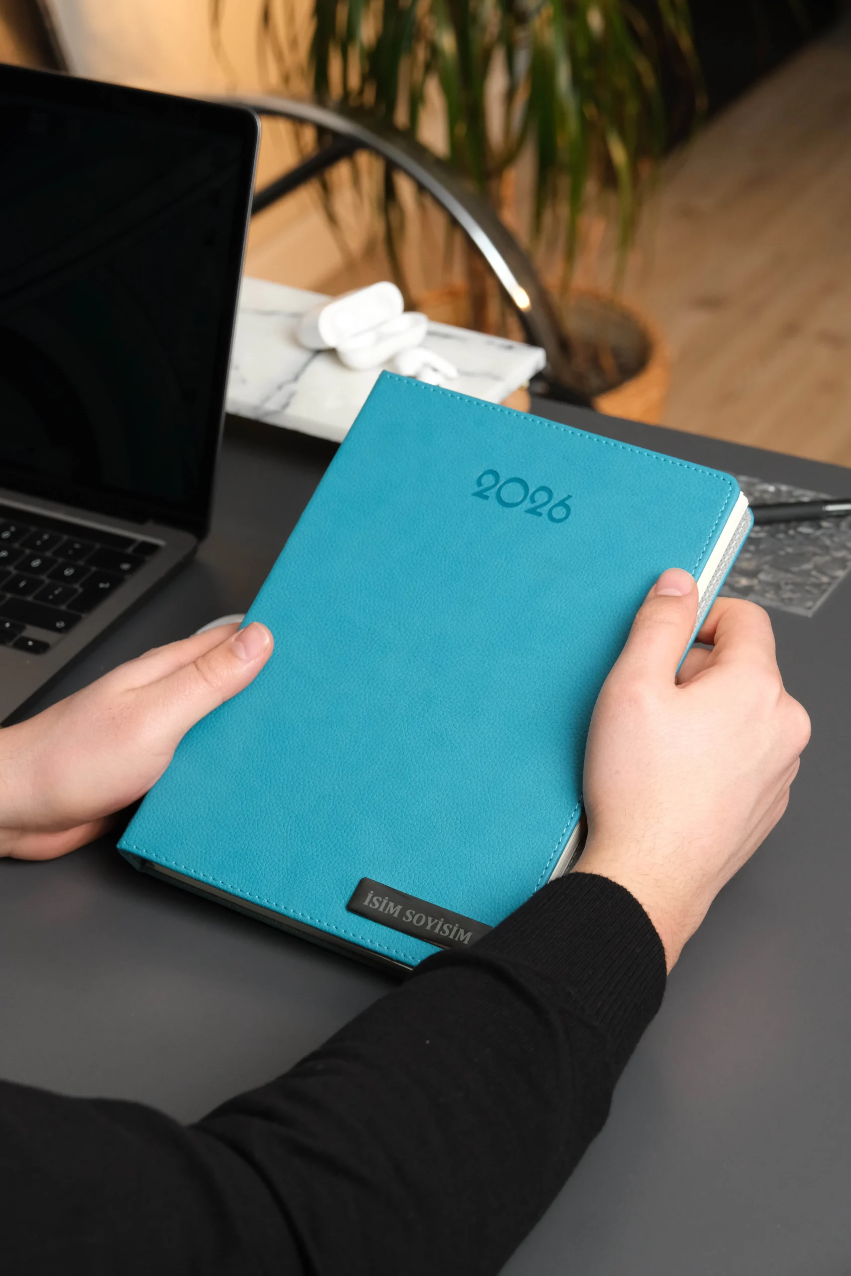 Kişiye Özel Turkuaz Düz Vegan Deri Spiralli 240 Sayfa Çizgili Not Defteri - Görsel 2