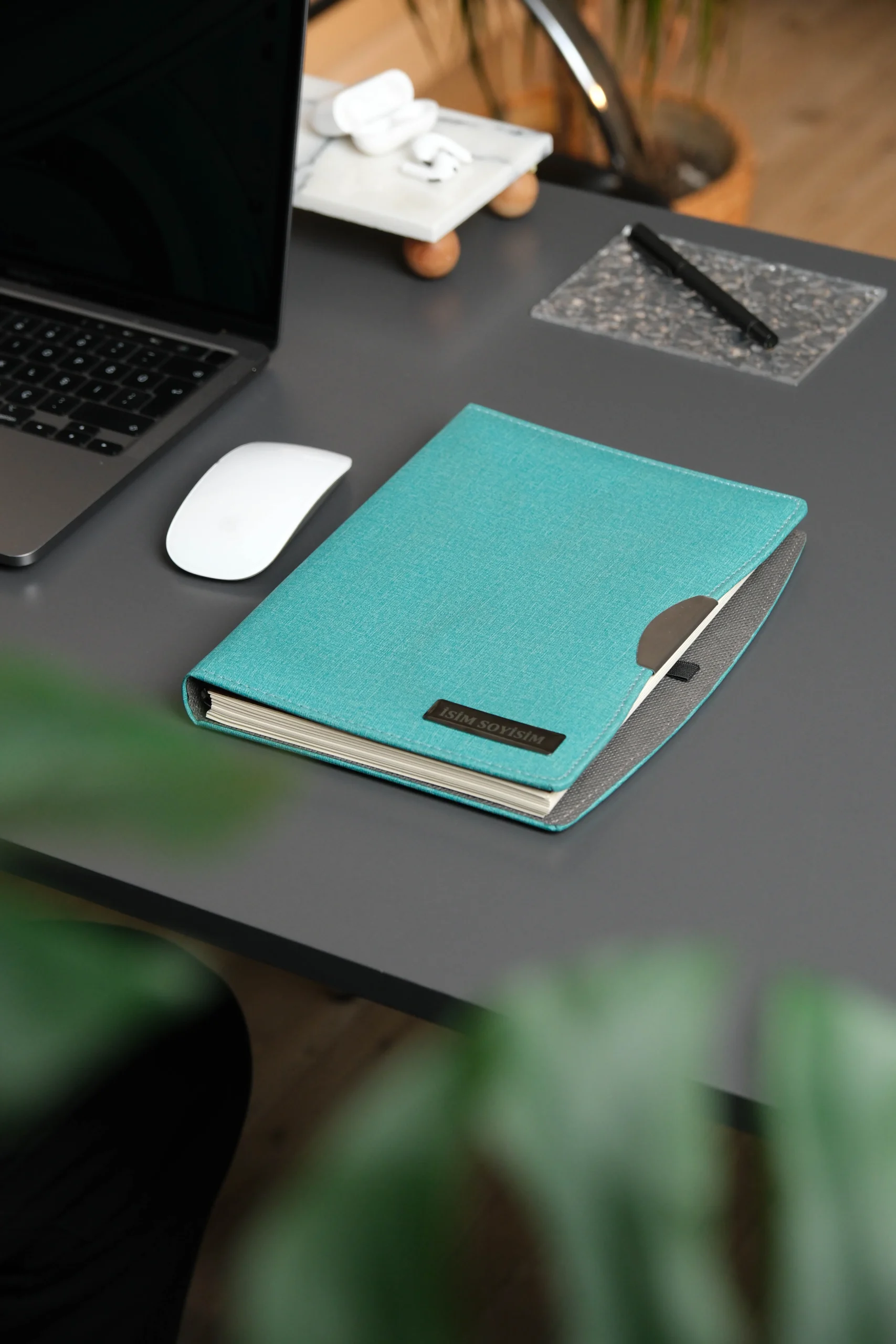 Kişiye Özel Turkuaz Düz Vegan Deri Spiralli 240 Sayfa Çizgili Not Defteri - Görsel 3