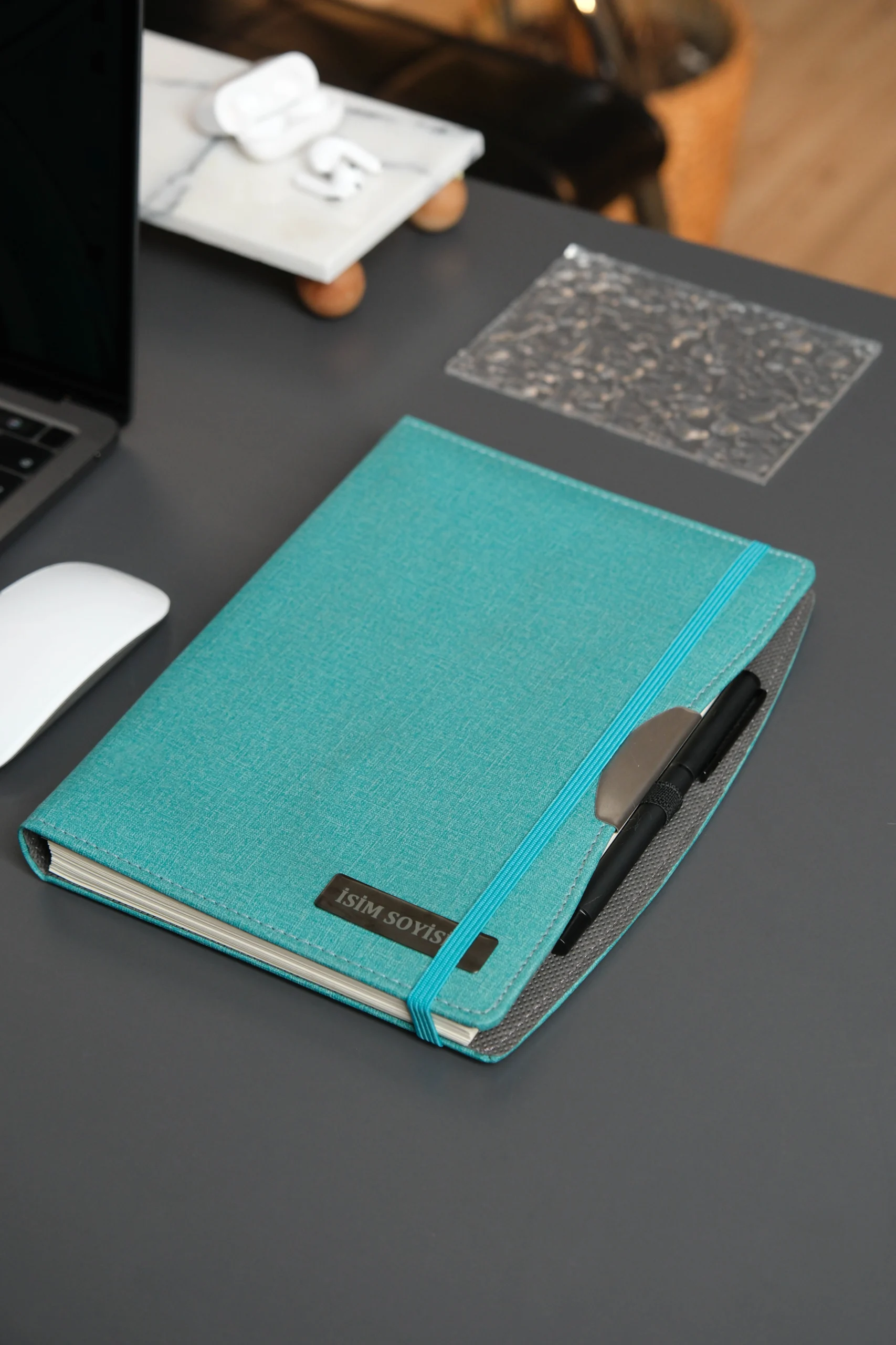 Kişiye Özel Turkuaz Düz Vegan Deri Spiralli 240 Sayfa Çizgili Not Defteri - Görsel 7